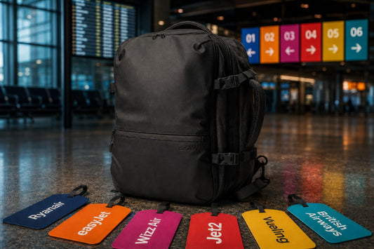 Airline cabin bag sizes 2026, BRAW Explorer 2 in a gate sizer with Ryanair, easyJet, Wizz Air, Jet2, Vueling and British Airways tags