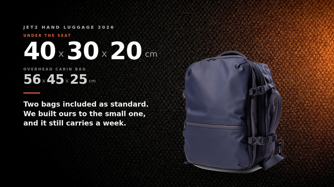 Jet2 hand luggage size for 2026, 40 x 30 x 20 cm under the seat and 56 x 45 x 25 cm in the overhead locker, shown with the BRAW Explorer 2.