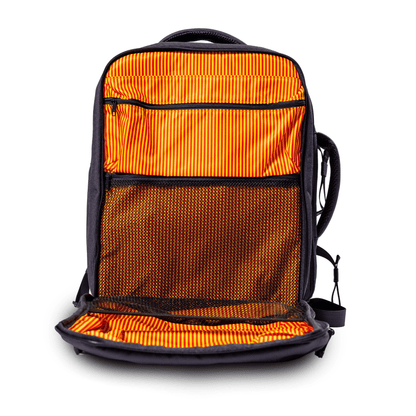 Front drop pockets on the blue Explorer 2 with caramel wafer stripes