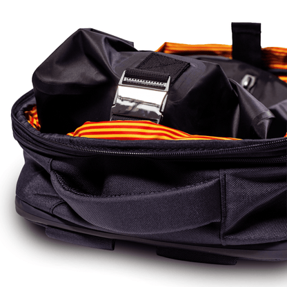 ClipPod compression bag inside the striped interior of the blue Explorer 2
