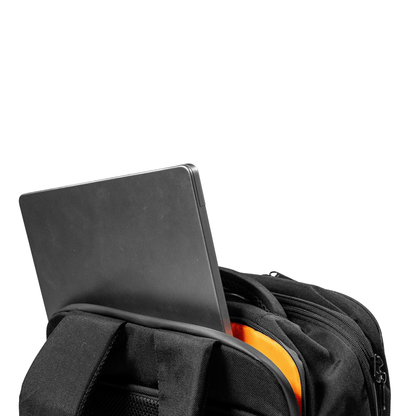 Padded laptop sleeve opening from the back panel of the black Explorer 2