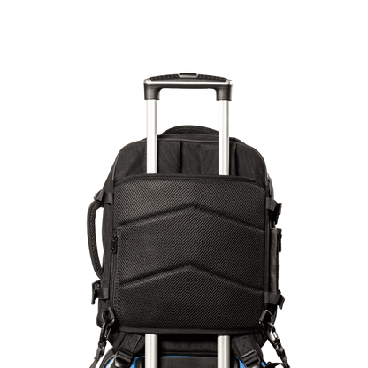 Explorer 2 luggage pass-through sleeve sliding over a suitcase trolley handle