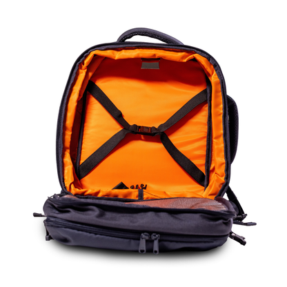 Black Explorer 2 packed open, orange interior and internal pockets visible