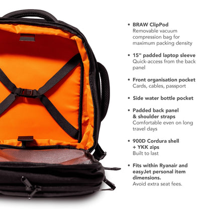 Explorer 2 open with orange interior, annotated feature callouts including ClipPod and laptop sleeve