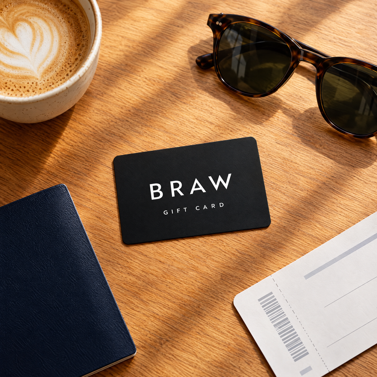 BRAW travel gift card with passport and boarding pass